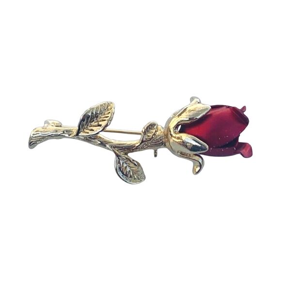 Vintage Gold Tone Red Rose Brooch Pin 2" Excellent Cottagecore - Picture 6 of 8